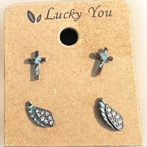 🍄Lucky You Turquoise Accent Cross Crystal Wing Earring Post Pierced Set